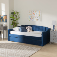 Baxton Studio CF9172-Navy Blue Velvet-Daybed-TT Baxton Studio Lennon Modern and Contemporary Navy Blue Velvet Fabric Upholstered Twin Size Daybed with Trundle